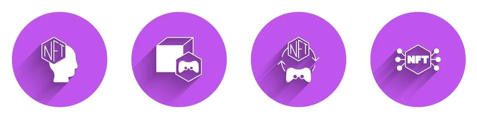 Set NFT Digital crypto art,  and  icon with long shadow. Vector Stock Illustration