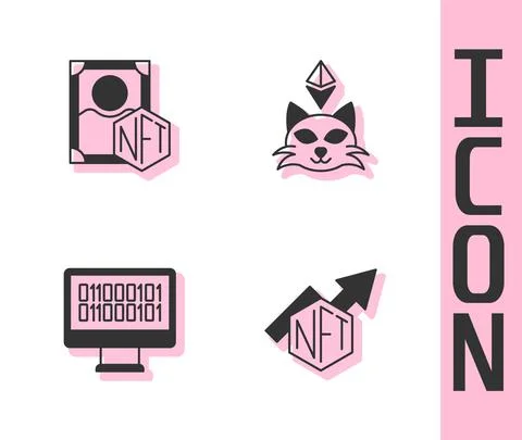 Set NFT growth bar chart, Digital crypto, Binary code and icon. Vector Illustrazione stock