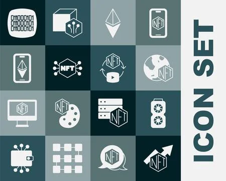 Set NFT growth bar chart, Video graphic card, Digital crypto, Ethereum ETH Ilustración de archivo