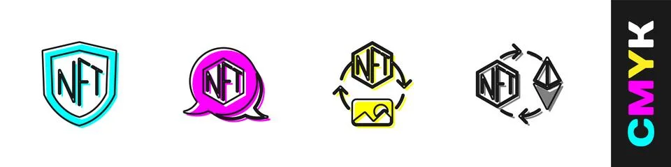Set NFT shield, Digital crypto art, and Ethereum exchange icon. Vector Stock Illustration