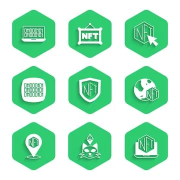 Set NFT shield, Digital crypto art, Laptop with store app, Binary code,  an.. Stock Illustration