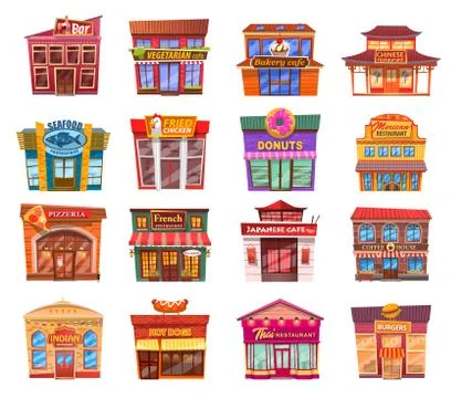 Set of nice shops. Different showcases pizzeria, restaurant, cafe, bar flat Stock Illustration