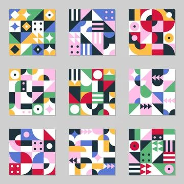 Set of Nine Bauhaus Geometric Patterns in Colorful Square Tiles Stock Illustration