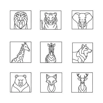 A set of nine black and white line drawings of various animal faces and heads Stock Illustration