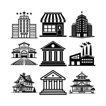 Set of nine black and white building including skyscrapers, houses, and fac.. Ilustración de archivo