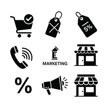 Set of nine black and white icons representing shopping marketing sales and.. Stock Illustration
