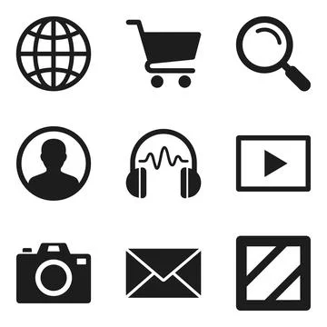 Set of nine black flat icons representing global network, shopping cart, se.. Stock Illustration