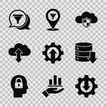 Set of nine black flat icons representing data management, cloud computing,.. Stock Illustration