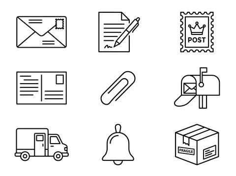 Set of nine black line art icons representing postal services, including en.. Stock Illustration