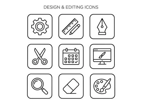 Set of nine black outline design and editing icons on white background incl.. Stock Illustration