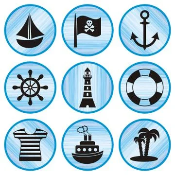 Set of nine black sailor and pirate icons in blue circles Illustration