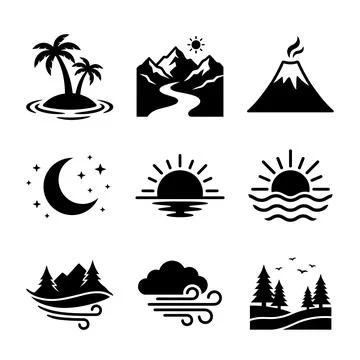 Set of nine black vector icons representing nature and weather elements: tr.. Stock Illustration