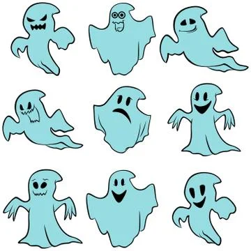 Set of nine blue flying ghosts Stock Illustration