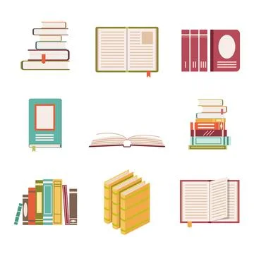 Set of nine book icons in flat design style Stock Illustration