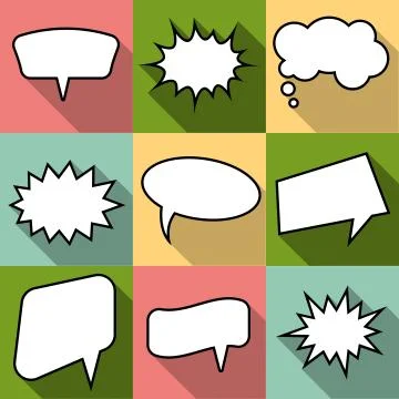 Set of nine cartoon comic balloon speech bubbles in flat style Illustrazione stock