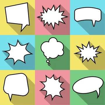 Set of nine cartoon comic balloon speech bubbles in flat style Illustrazione stock