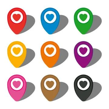 Set of nine colorful map pointers with heart icon in white circle Stock Illustration