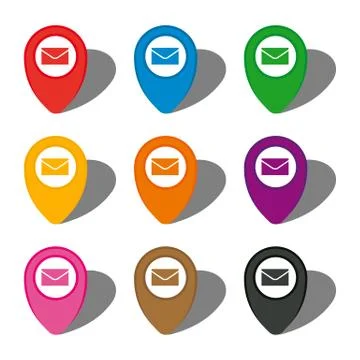 Set of nine colorful map pointers with mail icon in white circle and with shadow Stock Illustration