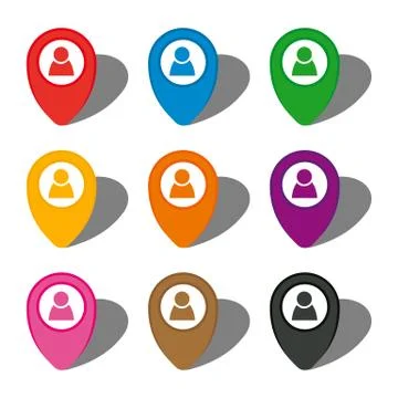 Set of nine colorful map pointers with man icon in white circle Stock Illustration