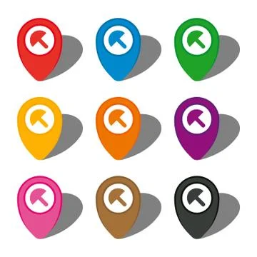 Set of nine colorful map pointers with beach umbrella sign in white circle Illustrazione stock