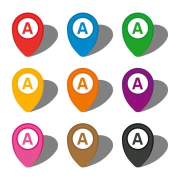 Set of nine colorful map pointers with point A sign in white circle Stock-Illustration