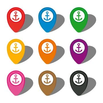 Set of nine colorful map pointers with anchor sign in white circle Illustrazione stock