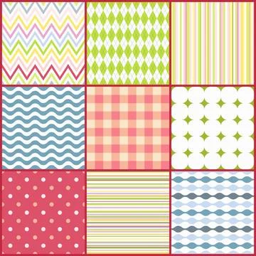 Set of nine colorful seamless patterns Stock Illustration