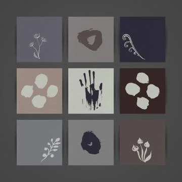 Set of Nine Creative Paper Cards. Hand Drawn Ink Textures. Vector Stock Illustration