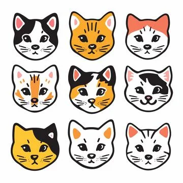 Set nine cute cat faces, various fur patterns, handdrawn cartoon style white Stock Illustration