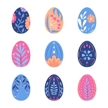 Set of nine decorative Easter eggs with floral and botanical ornamental pat.. Stock Illustration
