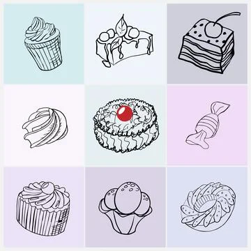 A set of nine desserts on multi-colored squares Stock Illustration