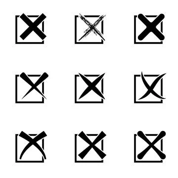 Set of nine different black and white vector cross marks in square frames Stock Illustration