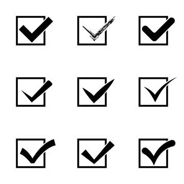 Set of nine different black and white vector check marks or ticks in square.. Stock Illustration