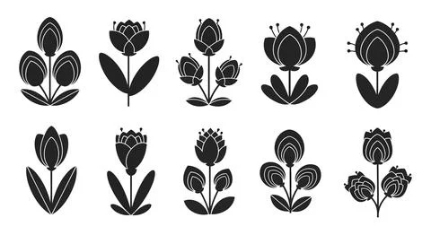 A set of nine different black flower silhouettes Stock Illustration