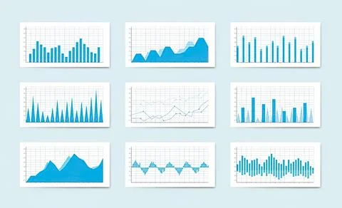 Set of nine different blue data charts and graphs Stockillustratie
