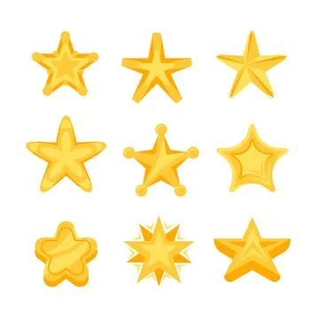 Set of nine different cartoon style gold stars shining brightly. Stock Illustration