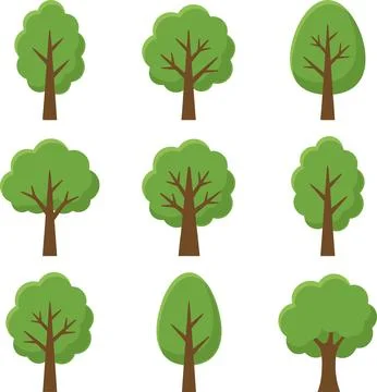 Set of Nine Different Cartoon Trees Vector Illustration. Stock Illustration