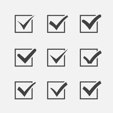Set of nine different grey vector ticks or check marks in square Stock Illustration