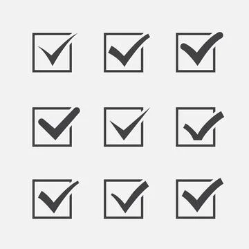 Set of nine different grey vector ticks or check marks in square Set of ni... Stock Photos
