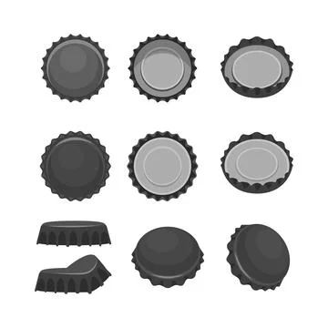 Set of nine different illustrations of black and white metallic bottle caps Illustrazione stock