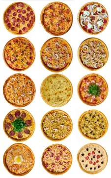 A set of nine different pizza for the menu, with cheese, with ham, with salam Stock Photos
