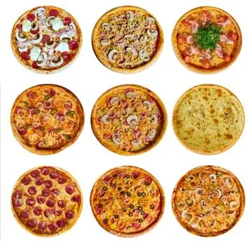 A set of nine different pizza for the menu, with cheese, with ham, with salam Stock Photos