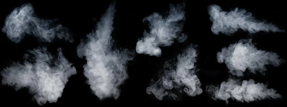 Swirling wriggling smoke steam isolated on a black background for