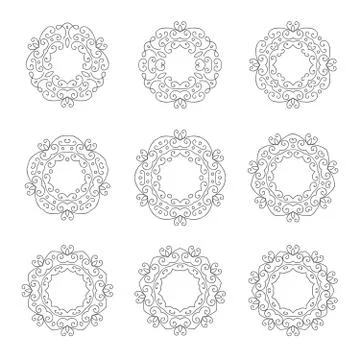Set of nine elegant hand drawn retro floral frame Stock Illustration