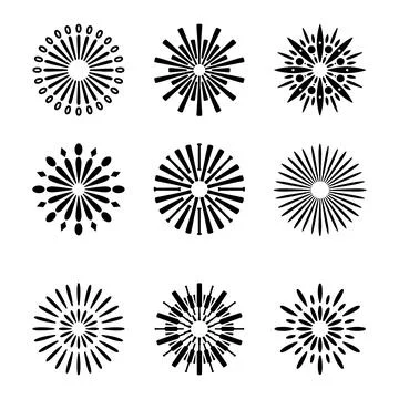 Set of Nine Firework Sunburst Mandala Silhouette Icons Isolated Vector Elements Illustrazione stock