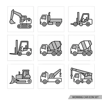 Set of nine flat design construction and industrial vehicle icons including.. Stock Illustration