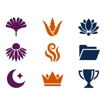 Set of Nine Flat Icons Featuring Leaf, Crown, Lotus, Flame, Folder, Trophy,.. Stock Illustration