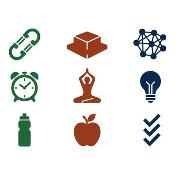 Set of Nine Flat Icons Featuring Chain Link, Box, Network, Alarm, Yoga, Lig.. Stock Illustration