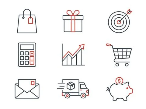 Set of nine flat line icons representing shopping, finance, and delivery se.. Stock Illustration