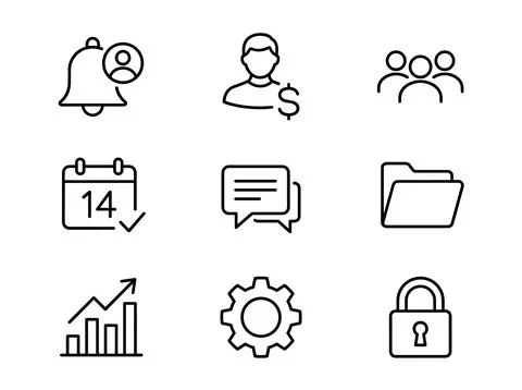 Set of nine flat line icons representing business and finance concepts like.. Ilustración de archivo